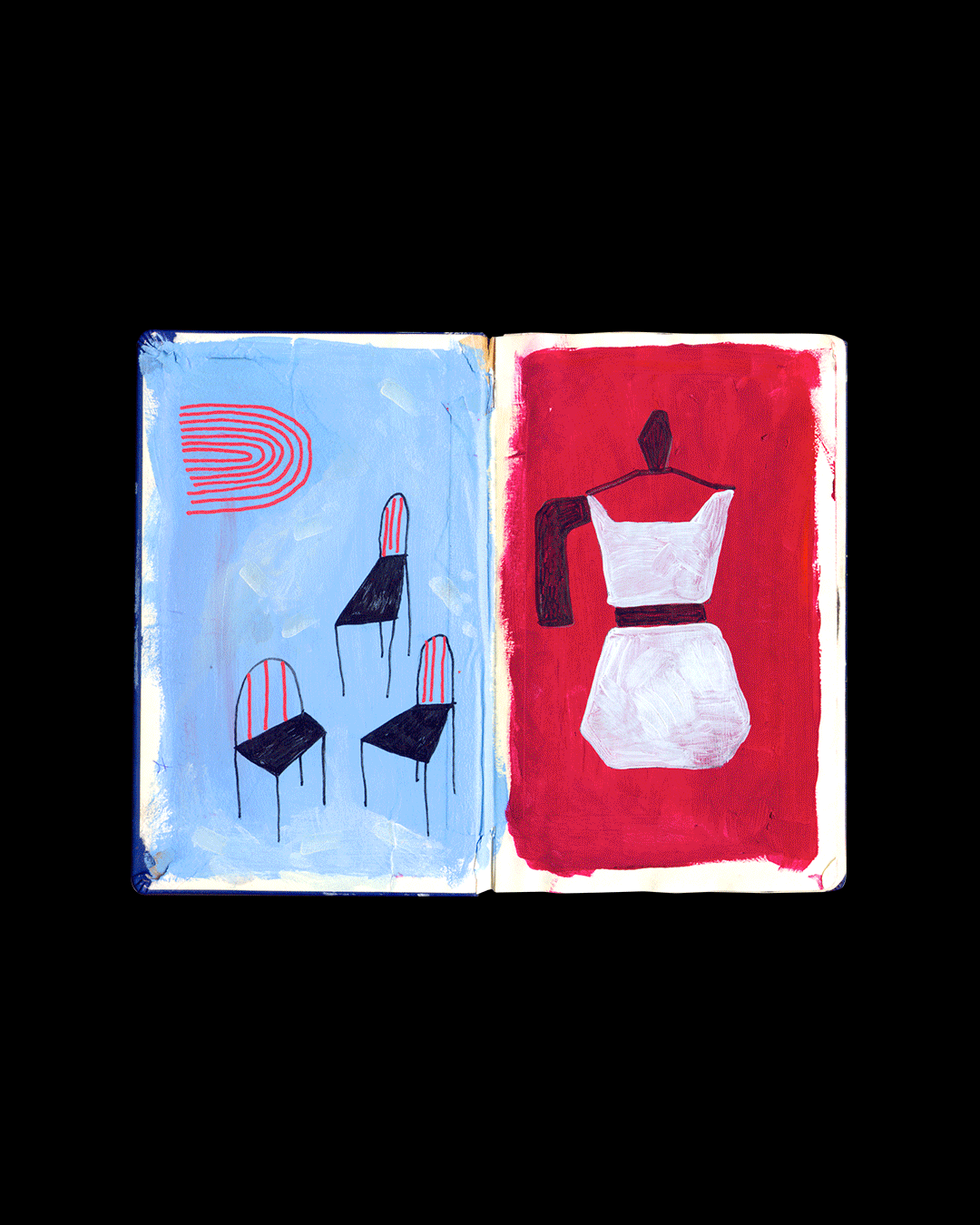 An open sketchbook by Cristian Blesnoc displays two pages: the left page showcases three abstract chairs against a blue backdrop; the right page features a moka pot illustration on a striking red background, demonstrating his unique flair for graphic design.