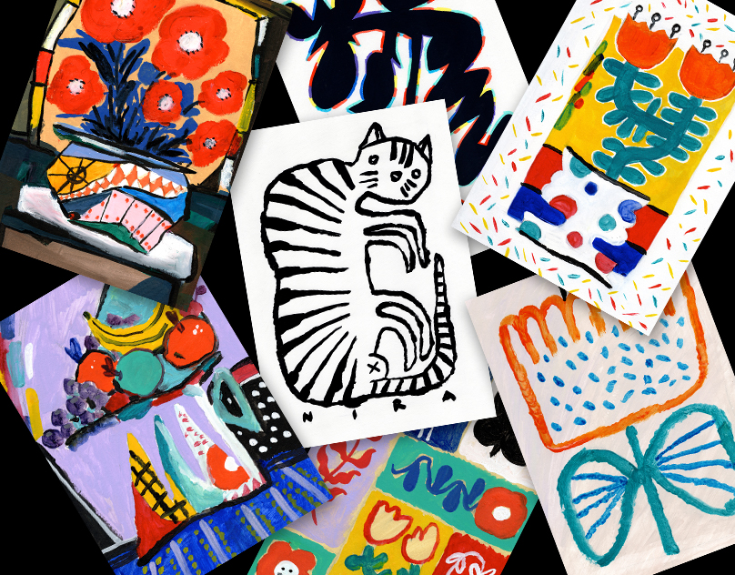 A colorful collage by contemporary artist Cristian Blesnoc features abstract art pieces, with a black-and-white striped cat illustration at the center. Surrounding the cat are vibrant images of flowers, fruit, and bold patterns in red, blue, yellow, and green hues.